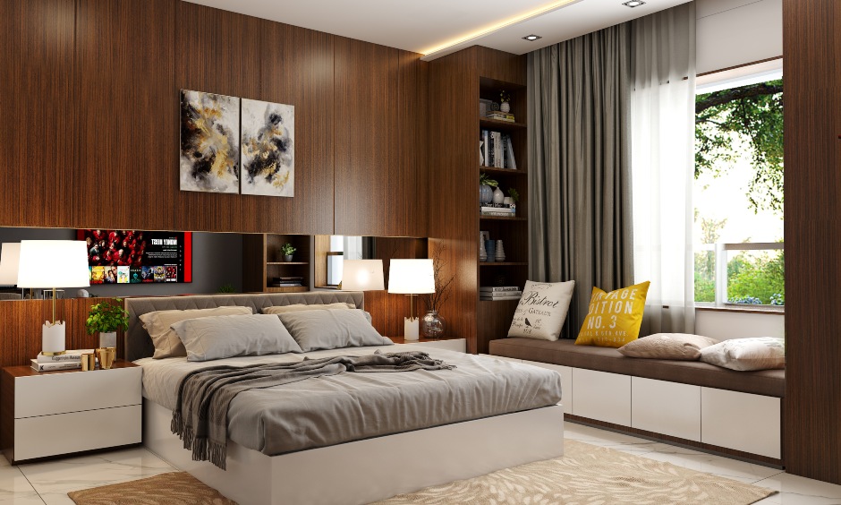 1bhk-home-interiors-with-luxurious-bedroom-with-wooden-shelves-and-storage-cabinets